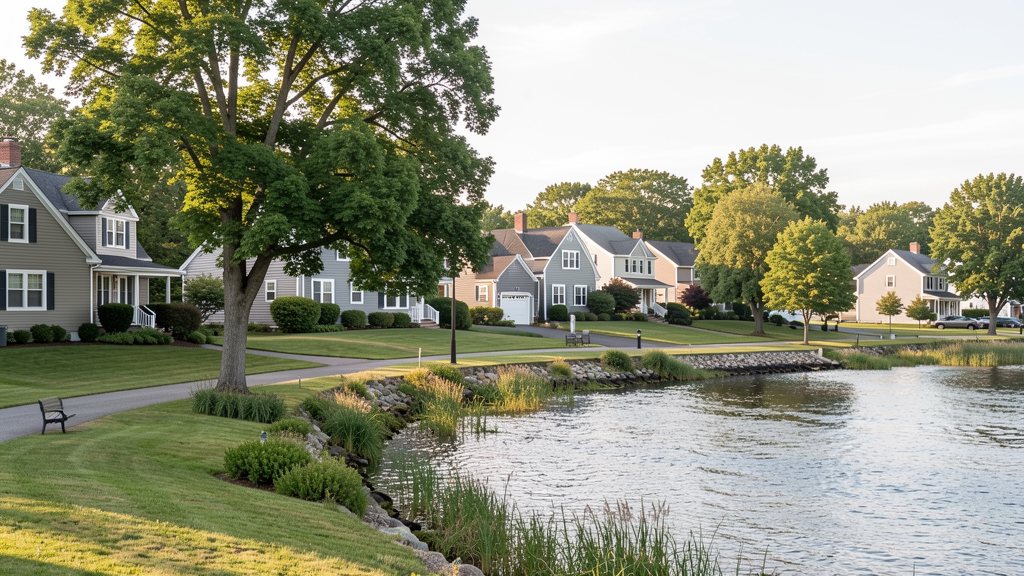 Cranston-style Rhode Island neighborhood near water and mature trees