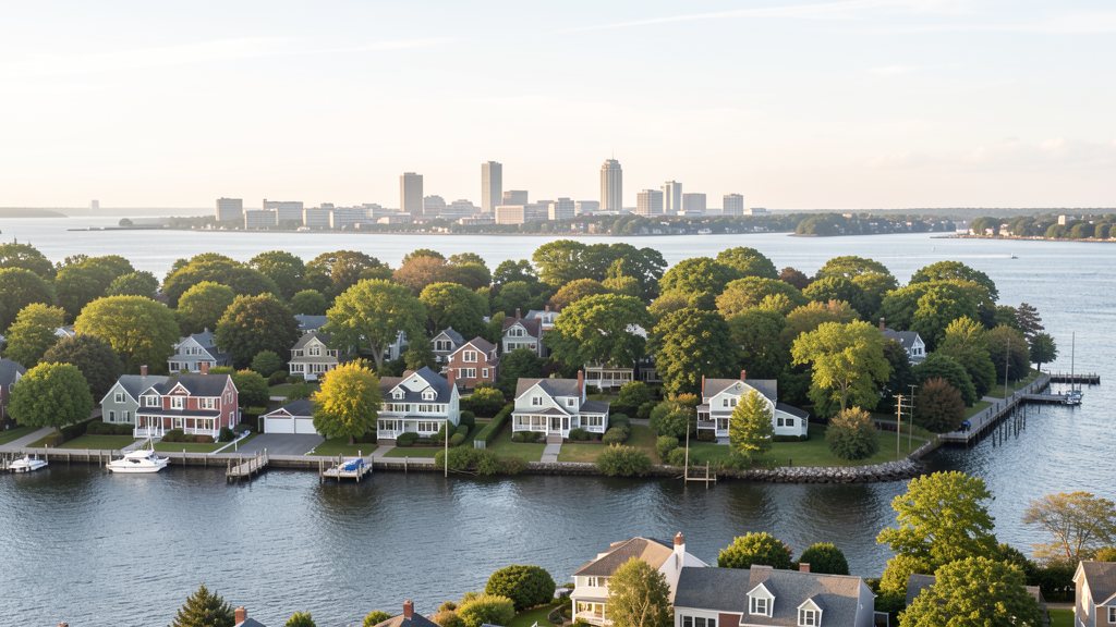 East Providence waterfront neighborhood with Providence skyline across the water