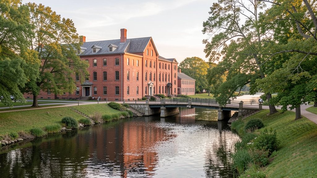 Pawtucket-style historic mill building along a Rhode Island river