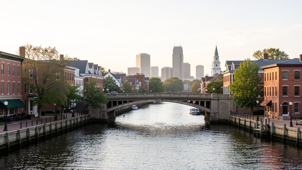 Providence riverfront and skyline in Rhode Island