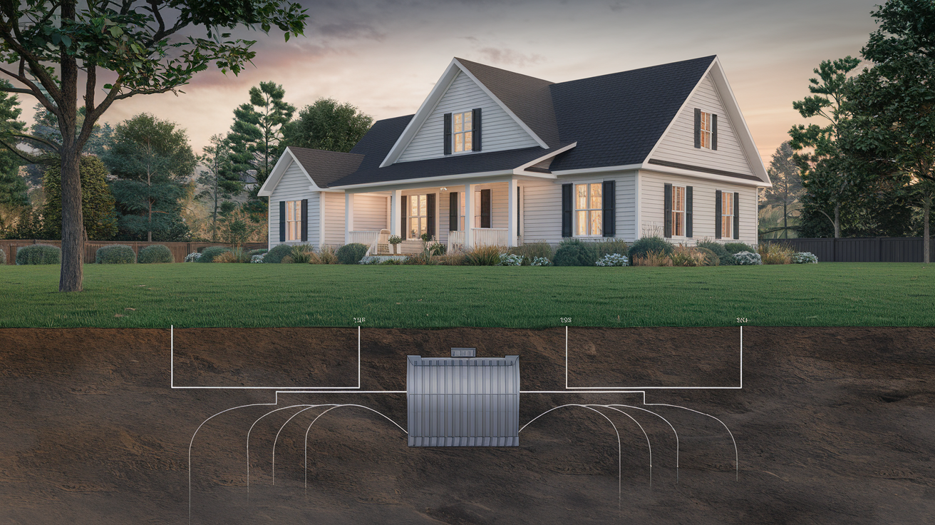 Suburban home with underground septic system showing tank and drain field