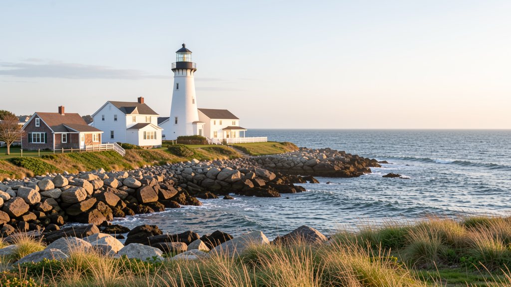 Rhode Island rocky coastline with a white lighthouse and coastal homes